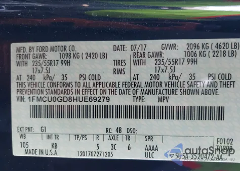 2017 Ford Escape Se from USA, damaged, VIN 1FMCU0GD8HUE69279